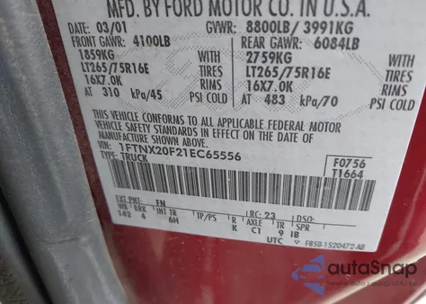 2001 Ford F-250 Lariat/Xl/Xlt из США, поврежденный, VIN 1FTNX20F21EC65556